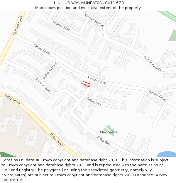 1, JULIUS WAY, NUNEATON, CV11 6ZR: Location map and indicative extent of plot