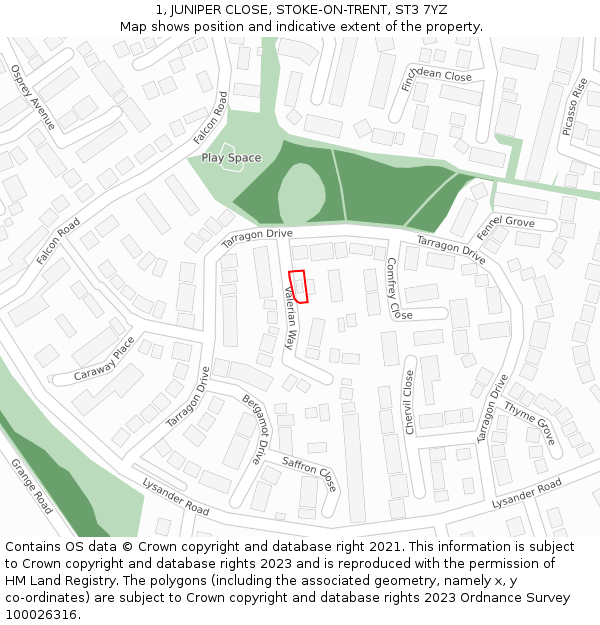 1, JUNIPER CLOSE, STOKE-ON-TRENT, ST3 7YZ: Location map and indicative extent of plot