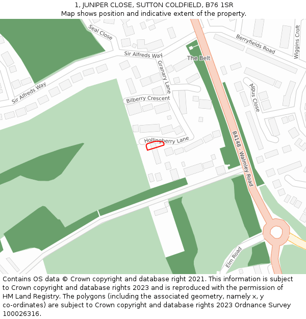 1, JUNIPER CLOSE, SUTTON COLDFIELD, B76 1SR: Location map and indicative extent of plot