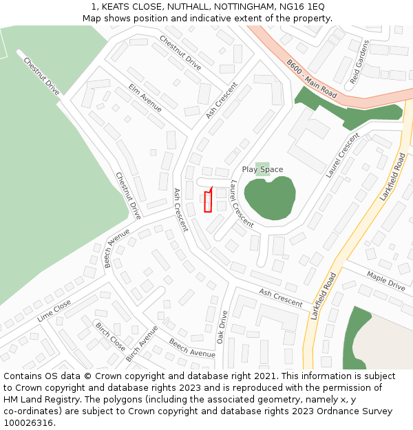 1, KEATS CLOSE, NUTHALL, NOTTINGHAM, NG16 1EQ: Location map and indicative extent of plot