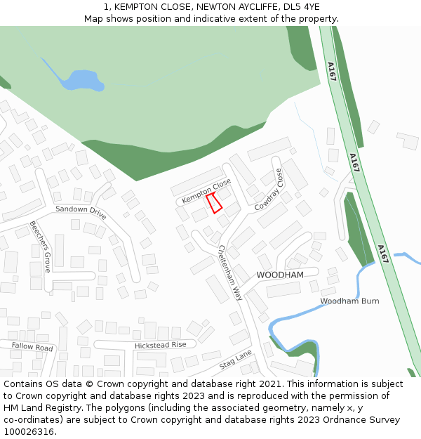 1, KEMPTON CLOSE, NEWTON AYCLIFFE, DL5 4YE: Location map and indicative extent of plot