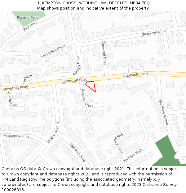 1, KEMPTON CROSS, WORLINGHAM, BECCLES, NR34 7EQ: Location map and indicative extent of plot