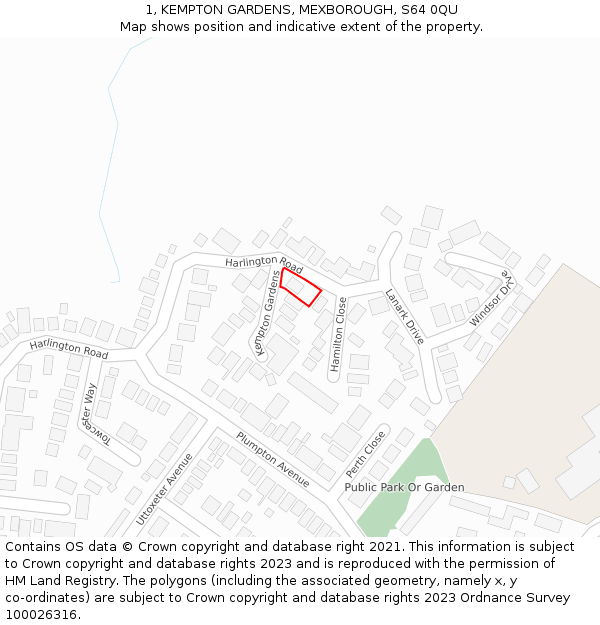 1, KEMPTON GARDENS, MEXBOROUGH, S64 0QU: Location map and indicative extent of plot