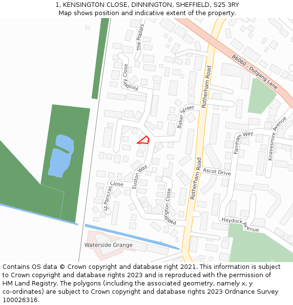 1, KENSINGTON CLOSE, DINNINGTON, SHEFFIELD, S25 3RY: Location map and indicative extent of plot