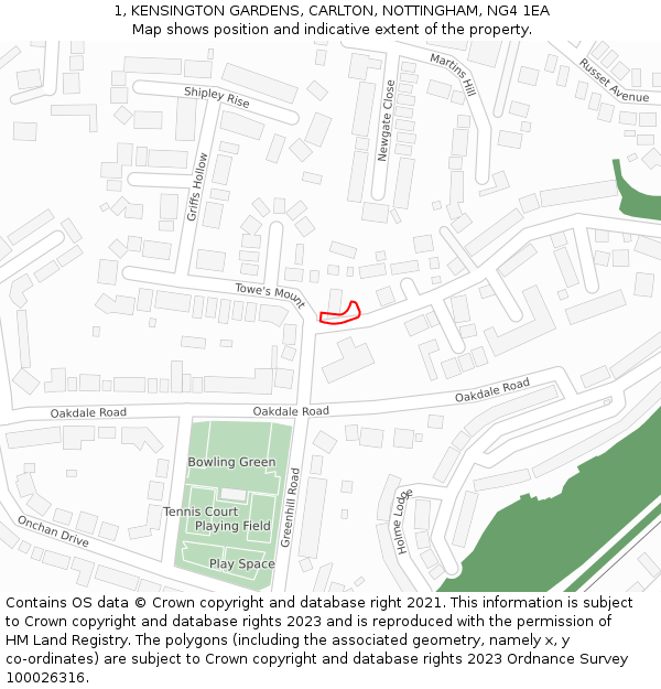 1, KENSINGTON GARDENS, CARLTON, NOTTINGHAM, NG4 1EA: Location map and indicative extent of plot