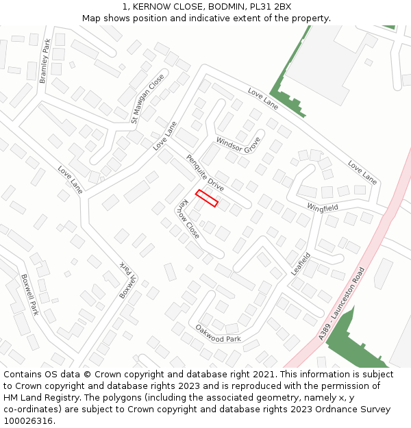 1, KERNOW CLOSE, BODMIN, PL31 2BX: Location map and indicative extent of plot