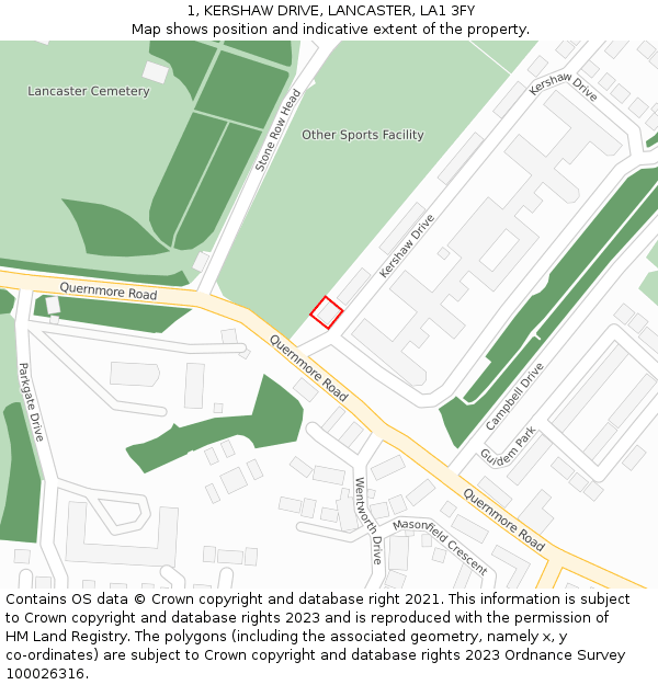 1, KERSHAW DRIVE, LANCASTER, LA1 3FY: Location map and indicative extent of plot