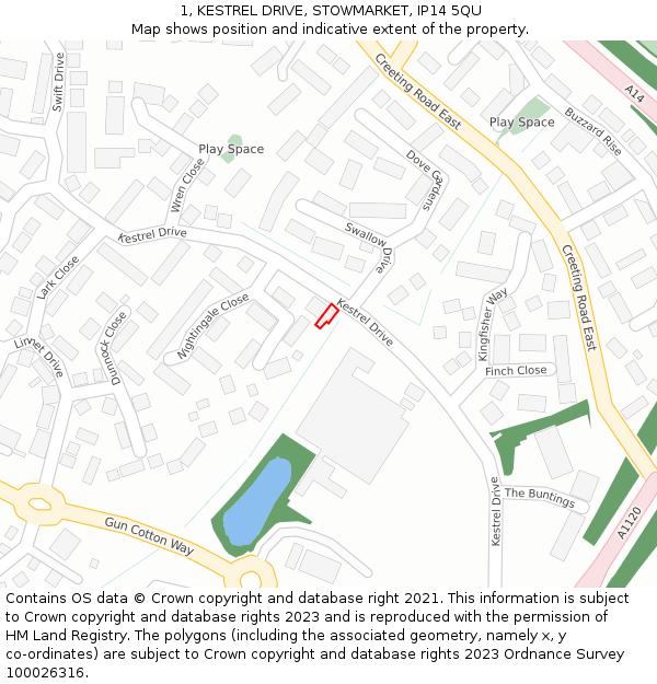 1, KESTREL DRIVE, STOWMARKET, IP14 5QU: Location map and indicative extent of plot