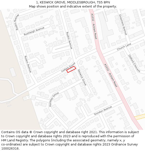1, KESWICK GROVE, MIDDLESBROUGH, TS5 8PN: Location map and indicative extent of plot