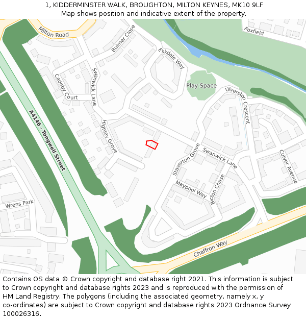 1, KIDDERMINSTER WALK, BROUGHTON, MILTON KEYNES, MK10 9LF: Location map and indicative extent of plot