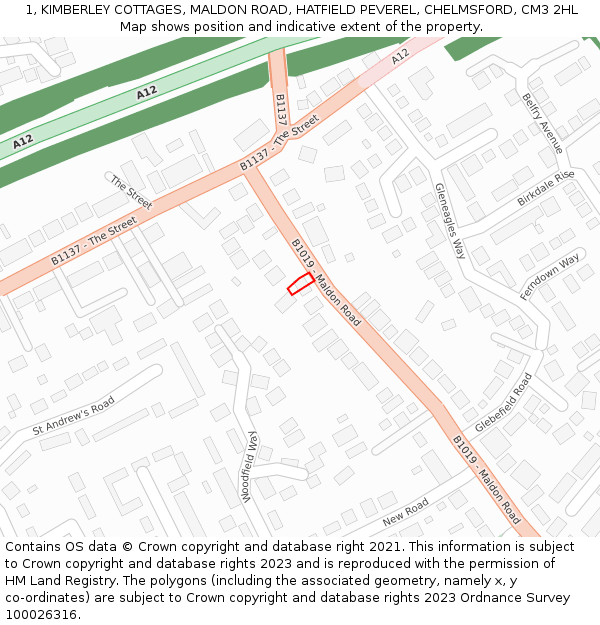 1, KIMBERLEY COTTAGES, MALDON ROAD, HATFIELD PEVEREL, CHELMSFORD, CM3 2HL: Location map and indicative extent of plot