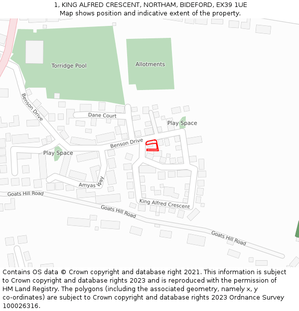 1, KING ALFRED CRESCENT, NORTHAM, BIDEFORD, EX39 1UE: Location map and indicative extent of plot