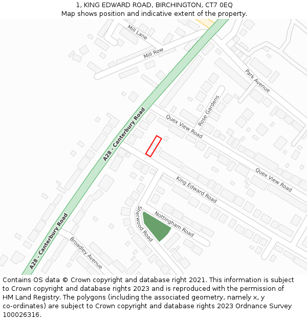 1, KING EDWARD ROAD, BIRCHINGTON, CT7 0EQ: Location map and indicative extent of plot