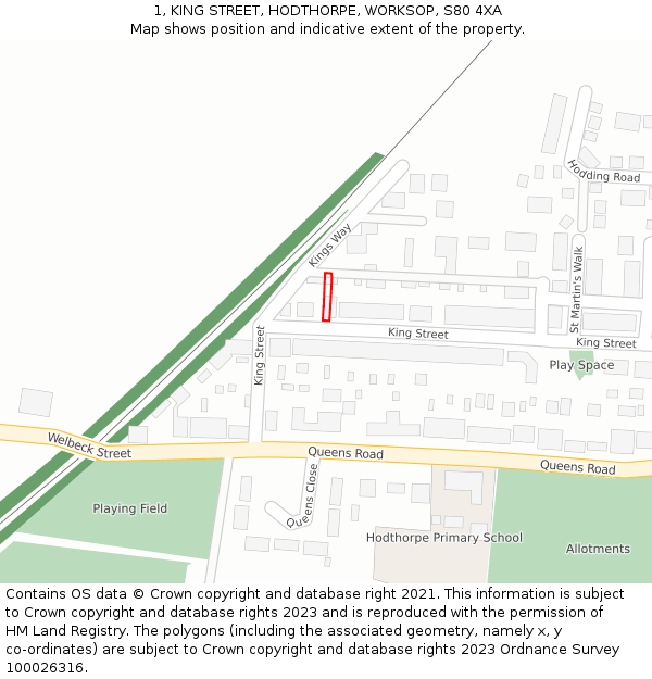 1, KING STREET, HODTHORPE, WORKSOP, S80 4XA: Location map and indicative extent of plot