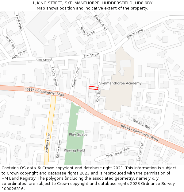 1, KING STREET, SKELMANTHORPE, HUDDERSFIELD, HD8 9DY: Location map and indicative extent of plot