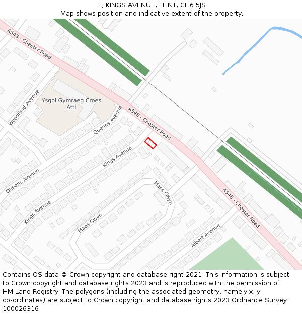 1, KINGS AVENUE, FLINT, CH6 5JS: Location map and indicative extent of plot