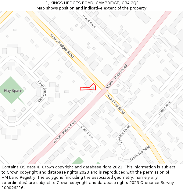 1, KINGS HEDGES ROAD, CAMBRIDGE, CB4 2QF: Location map and indicative extent of plot