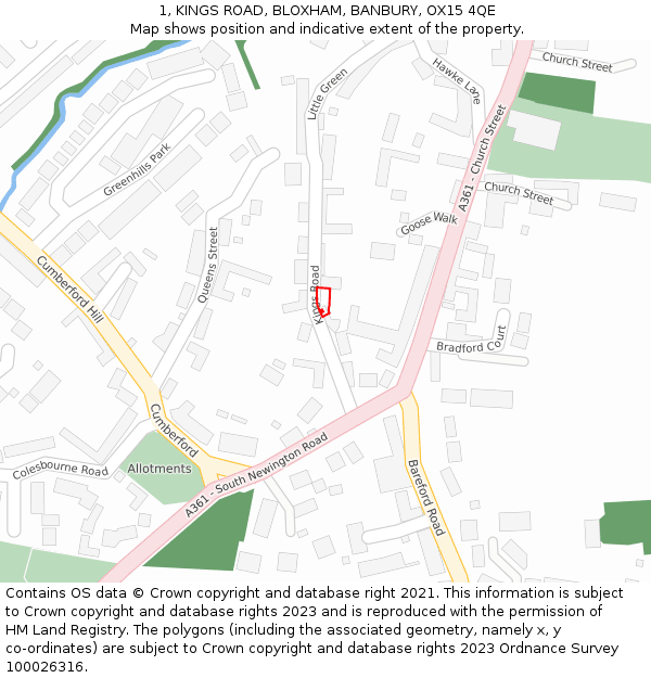 1, KINGS ROAD, BLOXHAM, BANBURY, OX15 4QE: Location map and indicative extent of plot