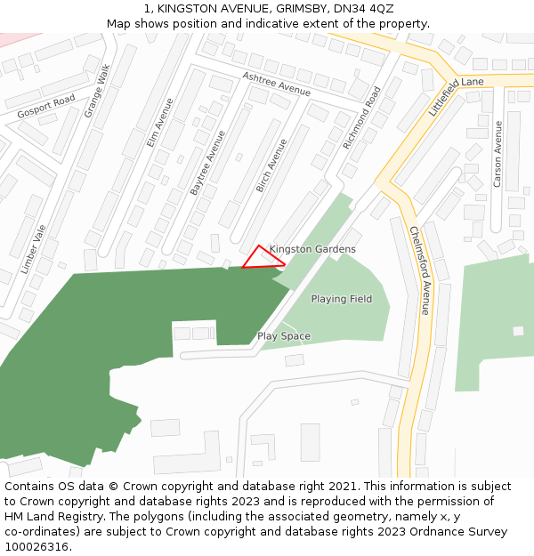 1, KINGSTON AVENUE, GRIMSBY, DN34 4QZ: Location map and indicative extent of plot