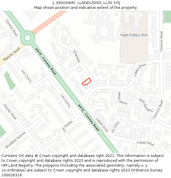 1, KINGSWAY, LLANDUDNO, LL30 1YQ: Location map and indicative extent of plot