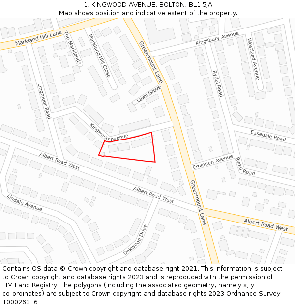 1, KINGWOOD AVENUE, BOLTON, BL1 5JA: Location map and indicative extent of plot