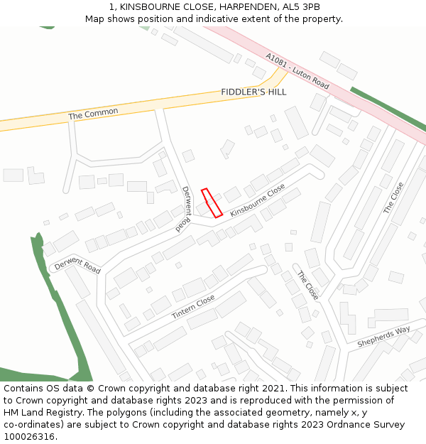 1, KINSBOURNE CLOSE, HARPENDEN, AL5 3PB: Location map and indicative extent of plot