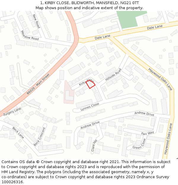 1, KIRBY CLOSE, BLIDWORTH, MANSFIELD, NG21 0TT: Location map and indicative extent of plot