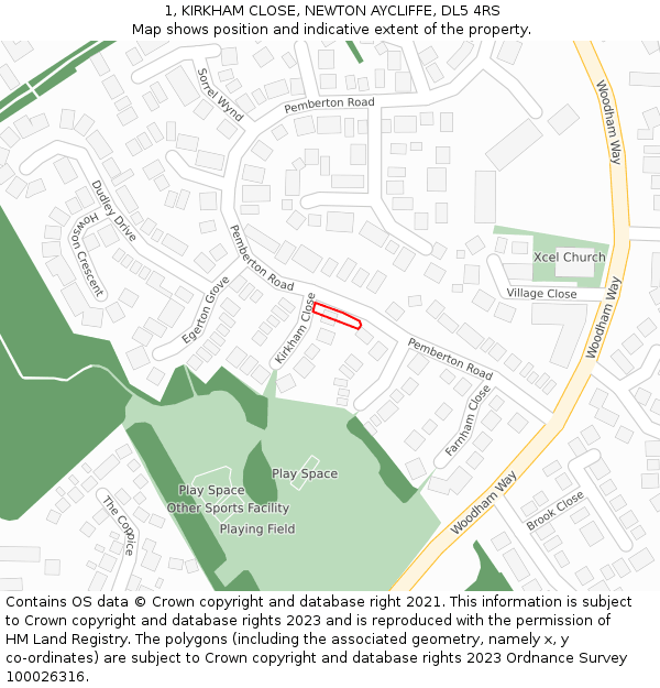 1, KIRKHAM CLOSE, NEWTON AYCLIFFE, DL5 4RS: Location map and indicative extent of plot