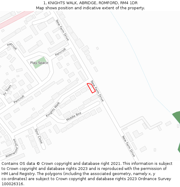 1, KNIGHTS WALK, ABRIDGE, ROMFORD, RM4 1DR: Location map and indicative extent of plot