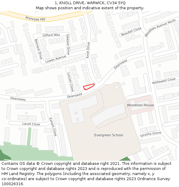 1, KNOLL DRIVE, WARWICK, CV34 5YQ: Location map and indicative extent of plot