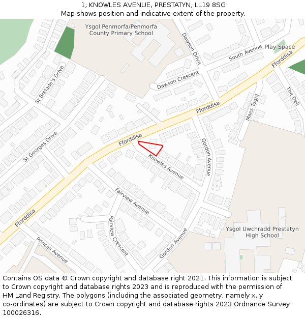 1, KNOWLES AVENUE, PRESTATYN, LL19 8SG: Location map and indicative extent of plot