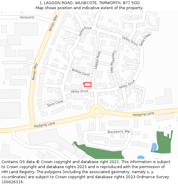 1, LAGOON ROAD, WILNECOTE, TAMWORTH, B77 5GD: Location map and indicative extent of plot