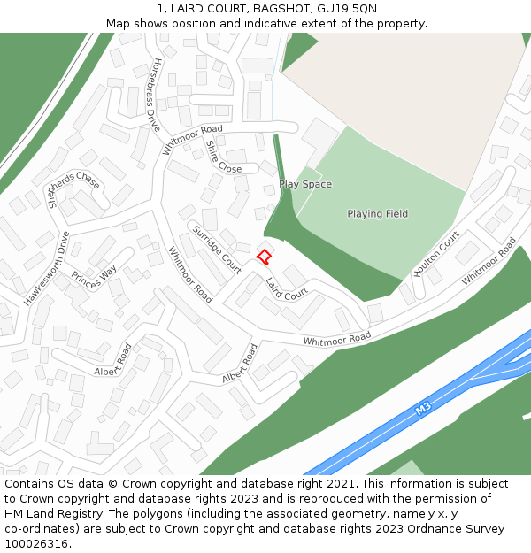 1, LAIRD COURT, BAGSHOT, GU19 5QN: Location map and indicative extent of plot