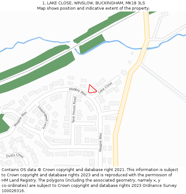 1, LAKE CLOSE, WINSLOW, BUCKINGHAM, MK18 3LS: Location map and indicative extent of plot