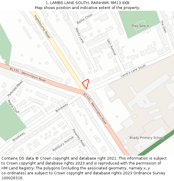 1, LAMBS LANE SOUTH, RAINHAM, RM13 9XB: Location map and indicative extent of plot