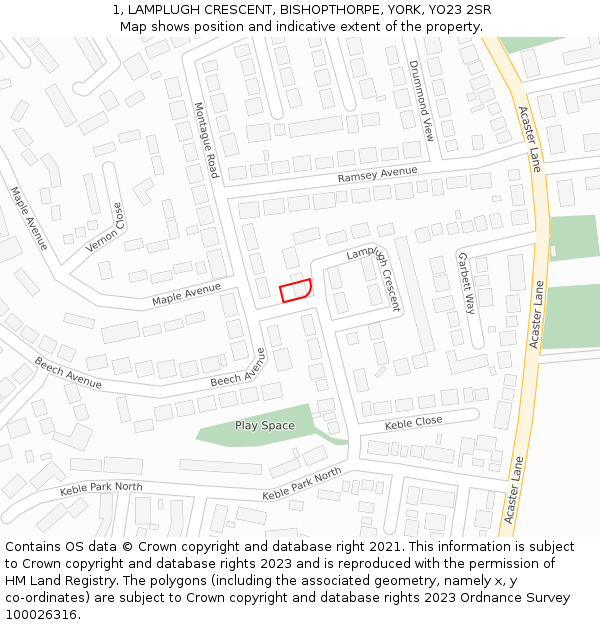 1, LAMPLUGH CRESCENT, BISHOPTHORPE, YORK, YO23 2SR: Location map and indicative extent of plot