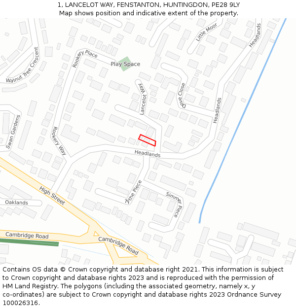 1, LANCELOT WAY, FENSTANTON, HUNTINGDON, PE28 9LY: Location map and indicative extent of plot