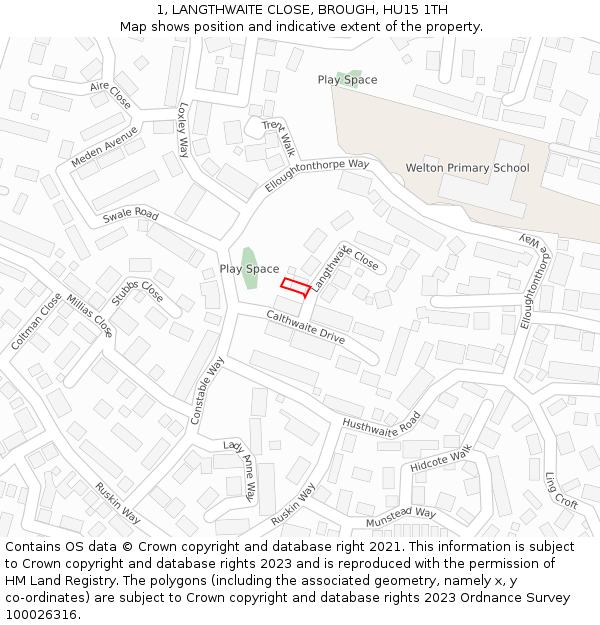 1, LANGTHWAITE CLOSE, BROUGH, HU15 1TH: Location map and indicative extent of plot