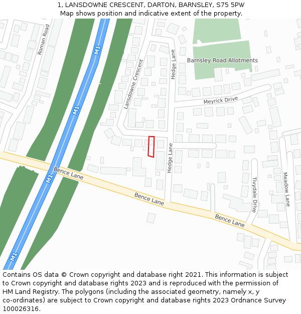 1, LANSDOWNE CRESCENT, DARTON, BARNSLEY, S75 5PW: Location map and indicative extent of plot