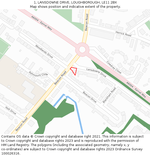1, LANSDOWNE DRIVE, LOUGHBOROUGH, LE11 2BX: Location map and indicative extent of plot