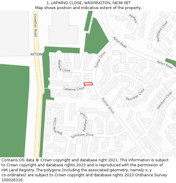 1, LAPWING CLOSE, WASHINGTON, NE38 0ET: Location map and indicative extent of plot