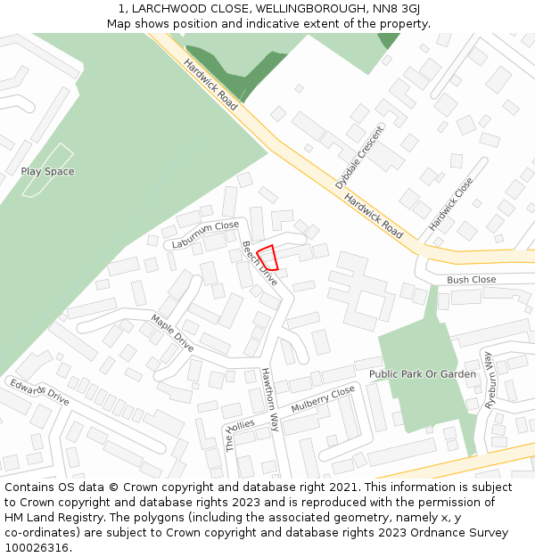 1, LARCHWOOD CLOSE, WELLINGBOROUGH, NN8 3GJ: Location map and indicative extent of plot