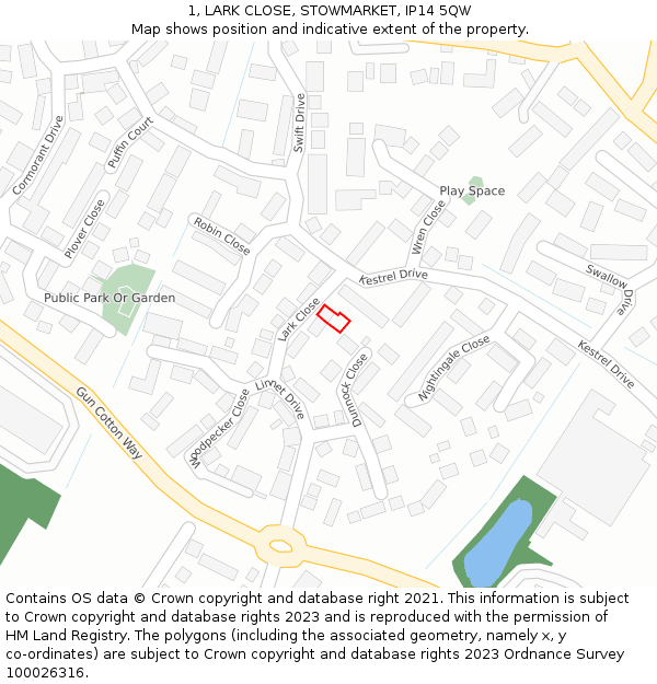 1, LARK CLOSE, STOWMARKET, IP14 5QW: Location map and indicative extent of plot