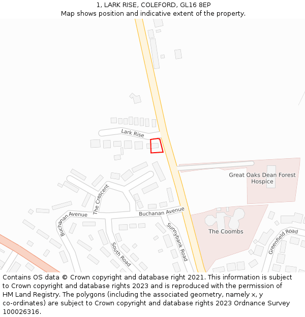 1, LARK RISE, COLEFORD, GL16 8EP: Location map and indicative extent of plot