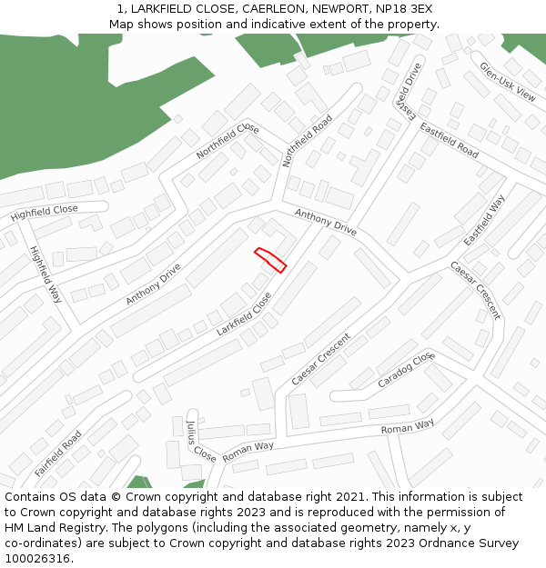 1, LARKFIELD CLOSE, CAERLEON, NEWPORT, NP18 3EX: Location map and indicative extent of plot
