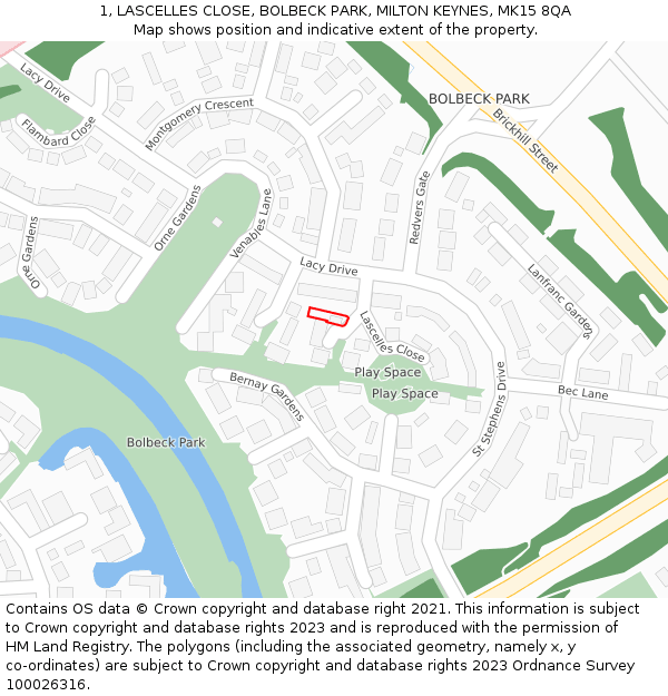 1, LASCELLES CLOSE, BOLBECK PARK, MILTON KEYNES, MK15 8QA: Location map and indicative extent of plot