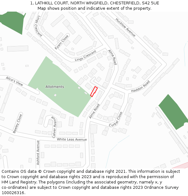 1, LATHKILL COURT, NORTH WINGFIELD, CHESTERFIELD, S42 5UE: Location map and indicative extent of plot