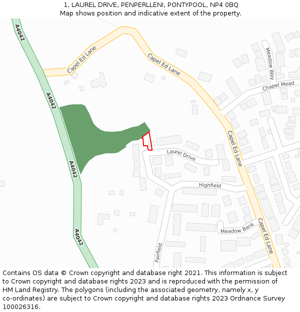 1, LAUREL DRIVE, PENPERLLENI, PONTYPOOL, NP4 0BQ: Location map and indicative extent of plot