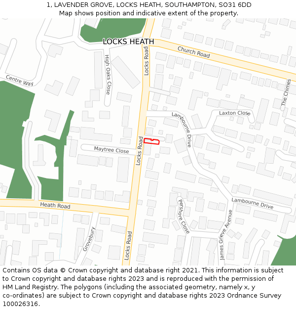 1, LAVENDER GROVE, LOCKS HEATH, SOUTHAMPTON, SO31 6DD: Location map and indicative extent of plot