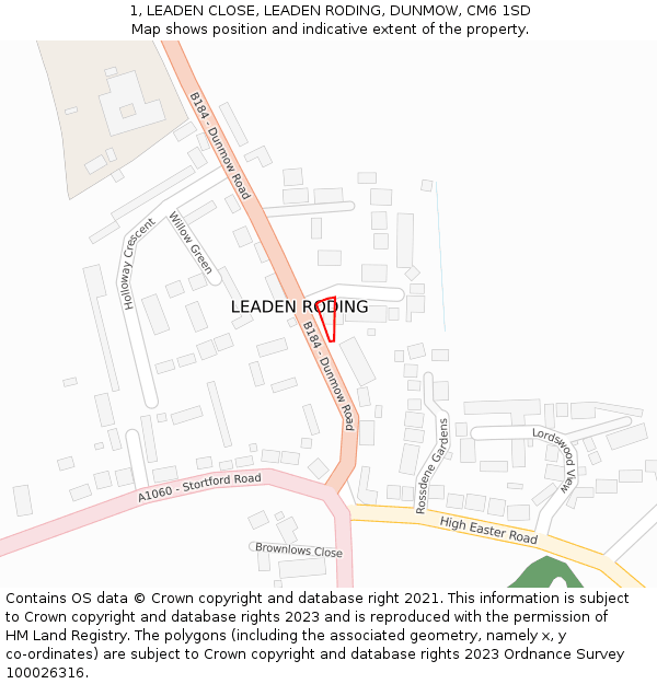 1, LEADEN CLOSE, LEADEN RODING, DUNMOW, CM6 1SD: Location map and indicative extent of plot